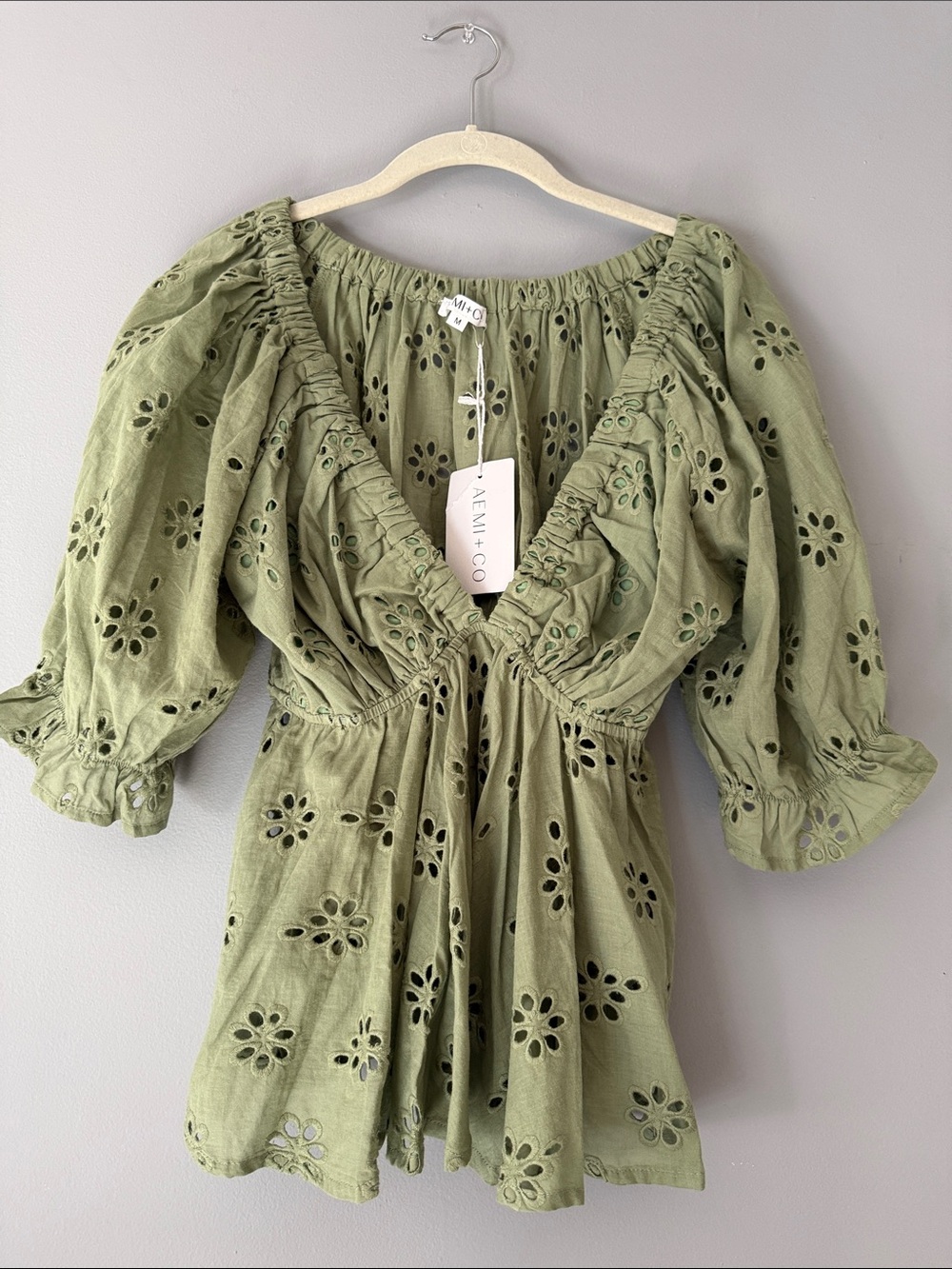 AEMI+CO Olive Eyelet Puff-Sleeve Too with plunging neckline - brand new